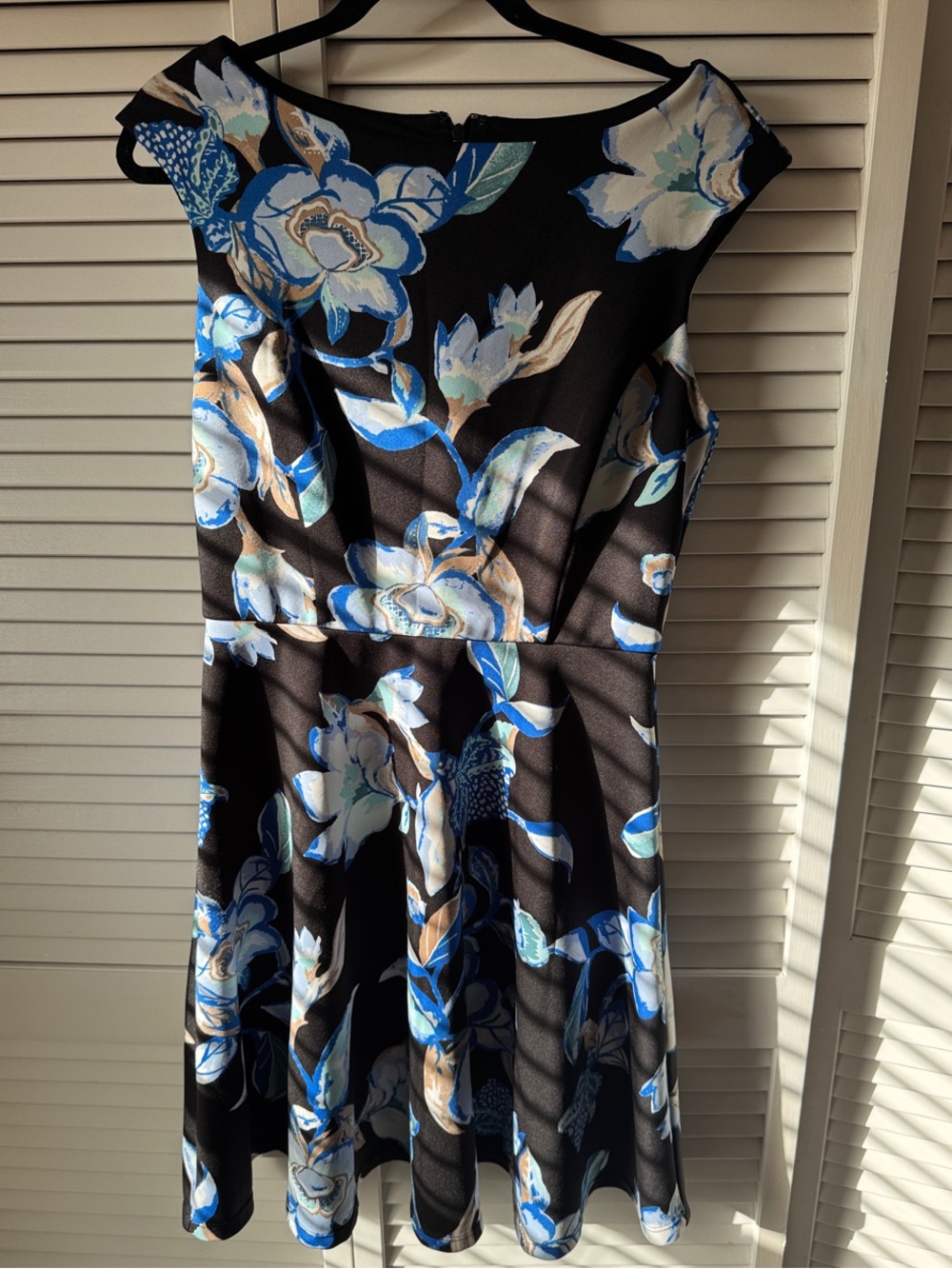 White House Black Market Black Floral Midi Dress with Blue & Cream Accents